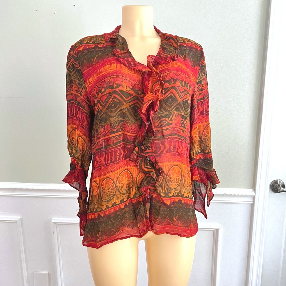 Chicos Blouse Womens Sz 1 M Ruffle Front Sheer Tribal Red Orange Whimsigoth
